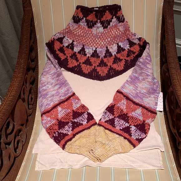 FREE PEOPLE CROCHET TURTLENECK SWEATER IN FEMME COMBO LONG PUFF SLEEVES - Picture 6 of 15